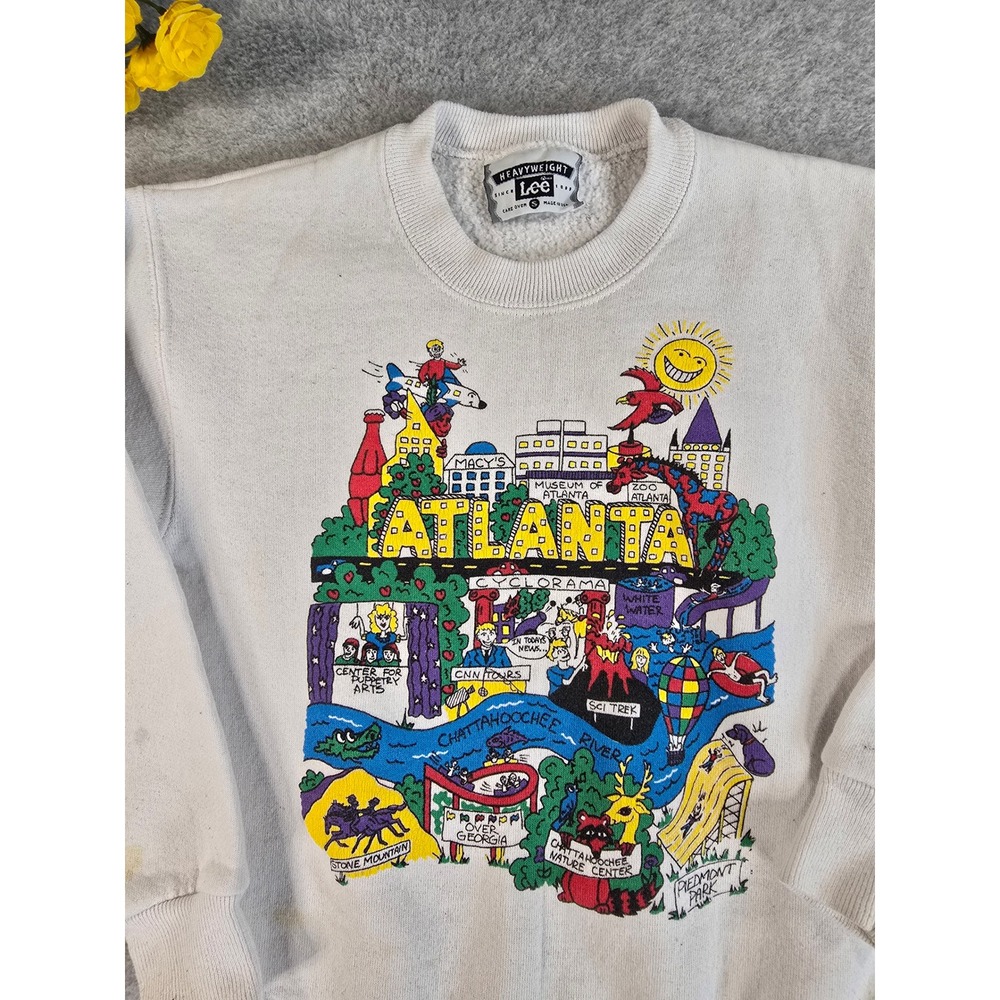 Vintage 90s Distressed Lee Atlanta Georgia Souvenir Crewneck Kids Small White - Picture 2 of 11